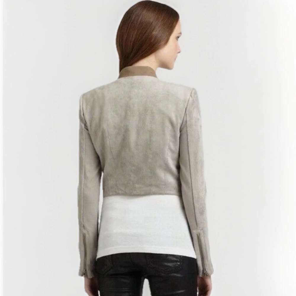 BCBG Maxazria Long Sleeve Sloan Faux Suede Cropped Moto Jacket Gray Tan Medium - Picture 2 of 16
